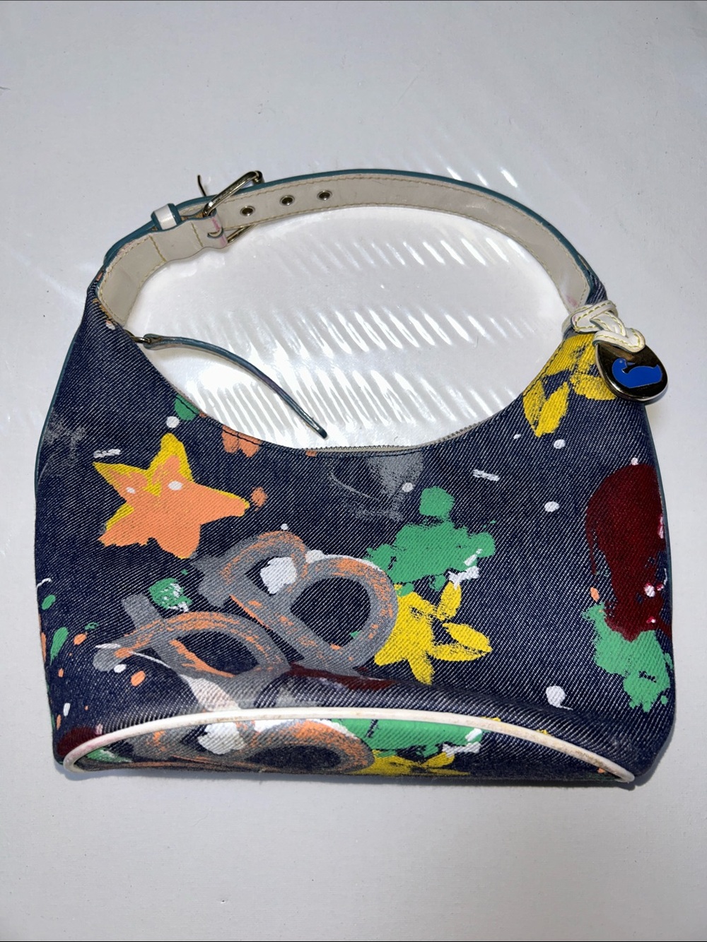 Dooney & Bourke Graffiti Denim Mini Shoulder Hobo Bag Multicolor Paint-Splatter